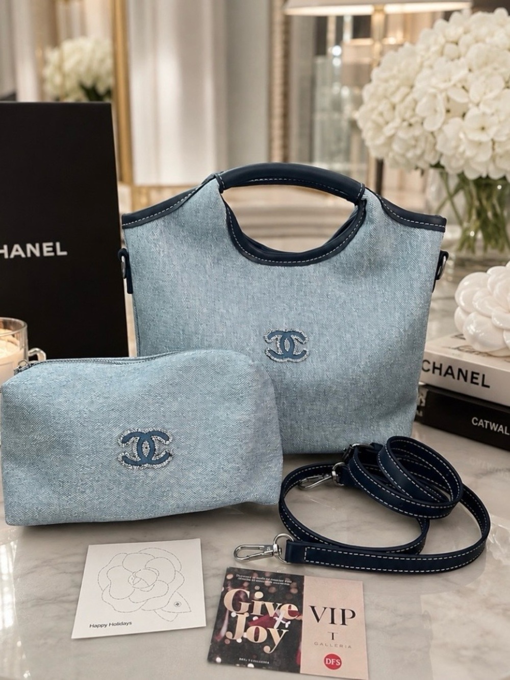 New Chanel VIP Beauty Gift Bag with Matching Cosmetic Pouch & Crossbody Strap